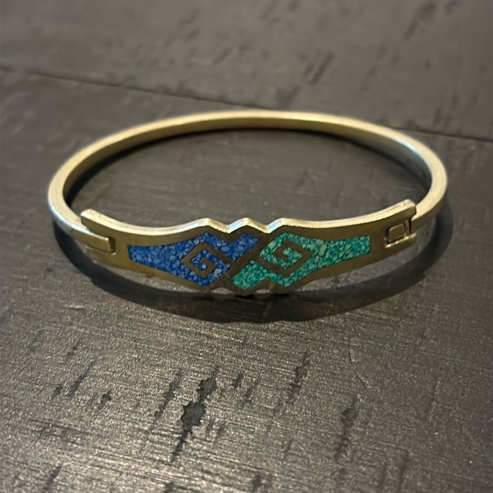VTG Alpaca Mexico Native American Silver Tone Inlay Detail Bangle Bracelet​